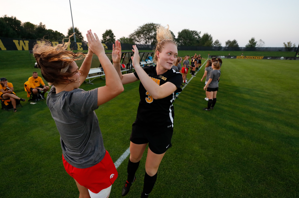 Iowa Hawkeyes Morgan Kemmerling (3) and Claire Graves (1) against the Purdue Boilermakers Thursday, September 20, 2018 at the Iowa Soccer Complex. (Brian Ray/hawkeyesports.com)