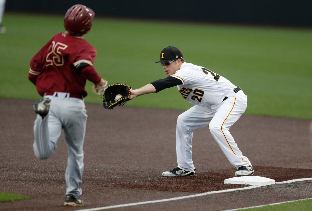 Iowa Hawkeyes catcher Austin Guzzo (20) against Coe College Wednesday, April 11, 2018 at Duane Banks Field. (Brian Ray/hawkeyesports.com)
