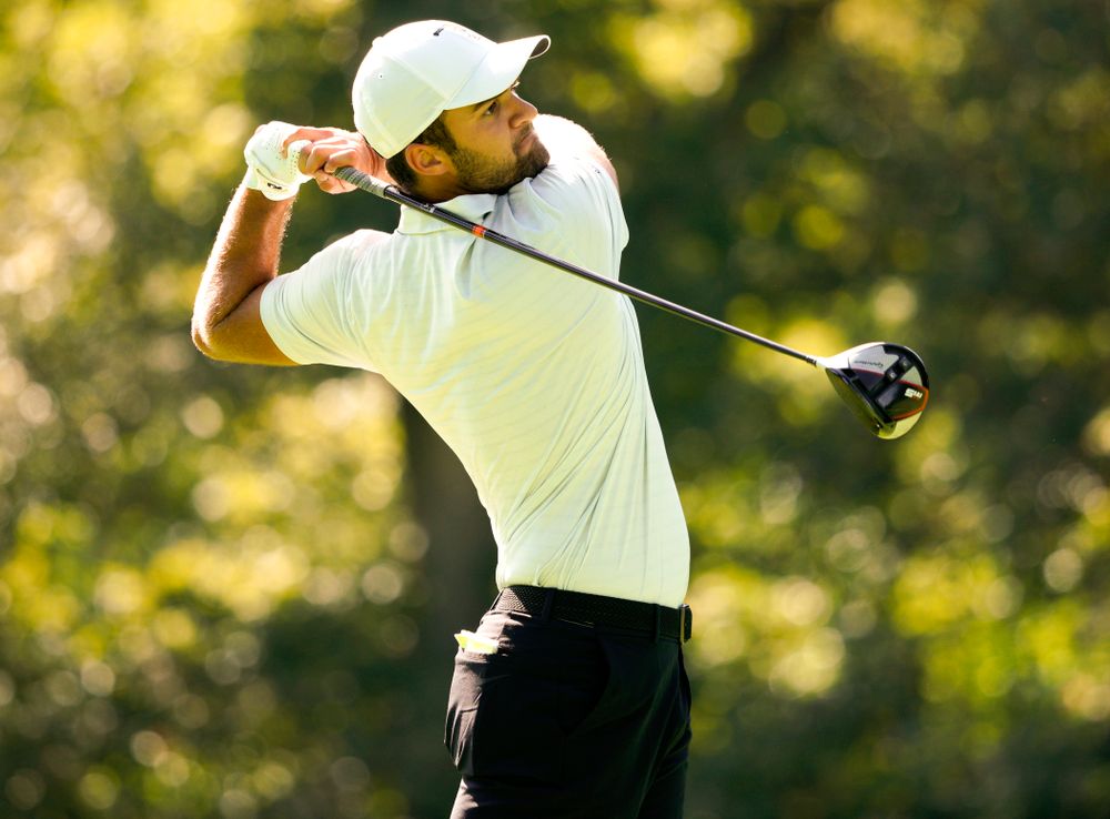 Iowa’s Gonzalo Leal tees off during the second day of the Golfweek Conference Challenge at the Cedar Rapids Country Club in Cedar Rapids on Monday, Sep 16, 2019. (Stephen Mally/hawkeyesports.com)