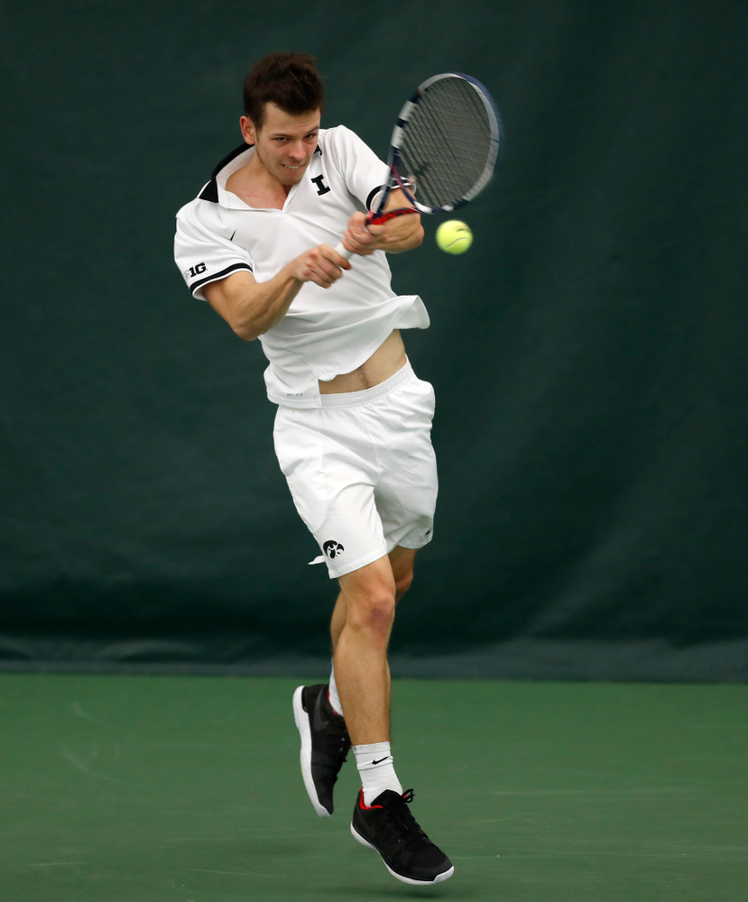 Piotr Smietana against Purdue Sunday, April 15, 2018 at the Hawkeye Tennis and Recreation Center. (Brian Ray/hawkeyesports.com)