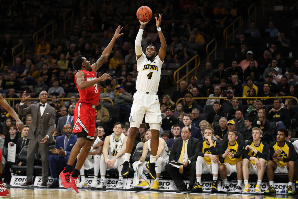 Iowa Hawkeyes guard Isaiah Moss (4) against the Ohio State Buckeyes Saturday, January 12, 2019 at Carver-Hawkeye Arena. (Brian Ray/hawkeyesports.com)
