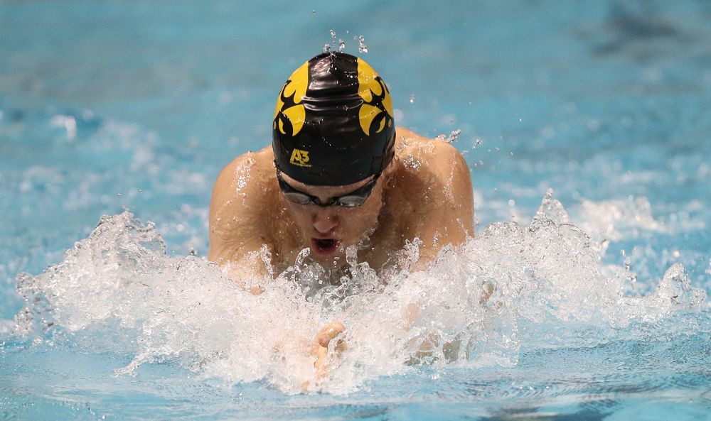 Iowa's Caleb Babb swims the breaststroke leg of the 200-yard medley relay during the third day of the Hawkeye Invitational at the Campus Recreation and Wellness Center on November 16, 2018. (Tork Mason/hawkeyesports.com)