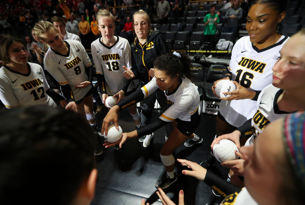 Iowa Hawkeyes setter Brie Orr (7) is introduced before a match against Nebraska at Carver-Hawkeye Arena on November 7, 2018. (Tork Mason/hawkeyesports.com)