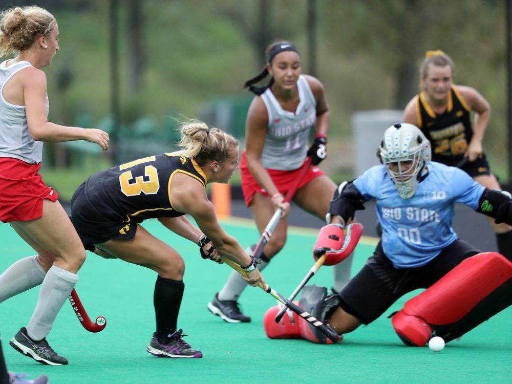 Iowa Hawkeyes forward Leah Zellner (13) scores her second goal during a 2-1 victory against the Ohio State Buckeyes Friday, September 27, 2019 at Grant Field. (Brian Ray/hawkeyesports.com)