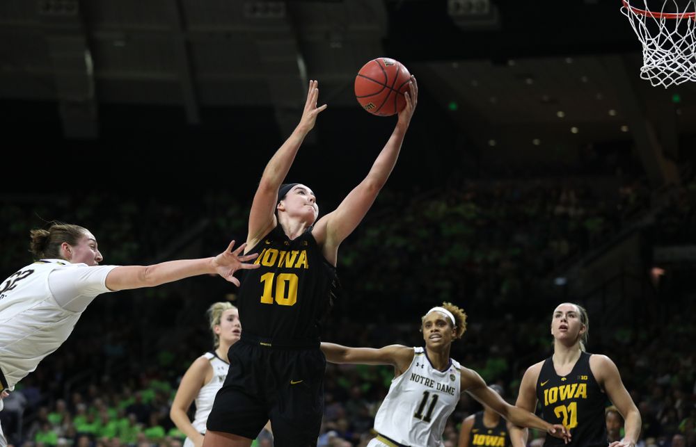 Iowa Hawkeyes forward Megan Gustafson (10) against the Notre Dame Fighting Irish Thursday, November 29, 2018 at the Joyce Center in South Bend, Ind. (Brian Ray/hawkeyesports.com)