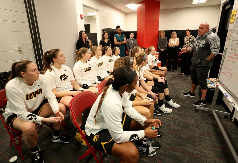Sam Cila from The Program addresses the Hawkeyes before their game against the Maryland Terrapins Thursday, February 13, 2020 at the Xfinity Center in College Park, MD. (Brian Ray/hawkeyesports.com)