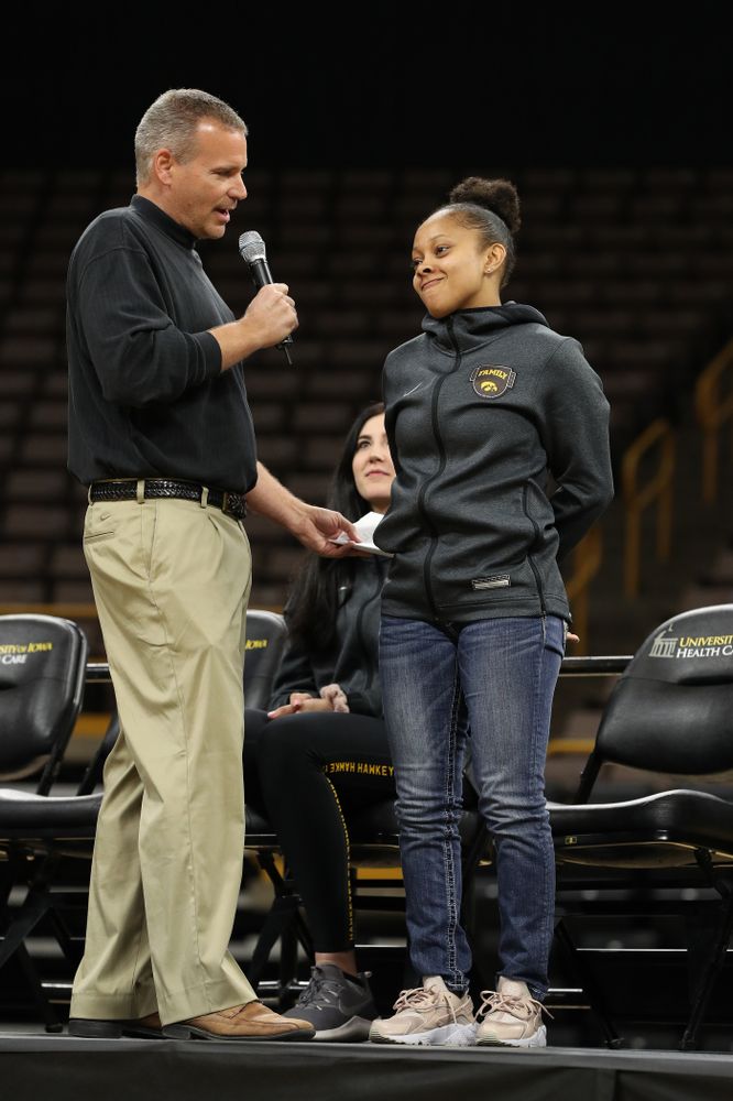 Iowa WomenÕs Basketball radio announcer Rob Books and Iowa Hawkeyes guard Tania Davis (11) during the teamÕs Celebr-Eight event Wednesday, April 24, 2019 at Carver-Hawkeye Arena. (Brian Ray/hawkeyesports.com)