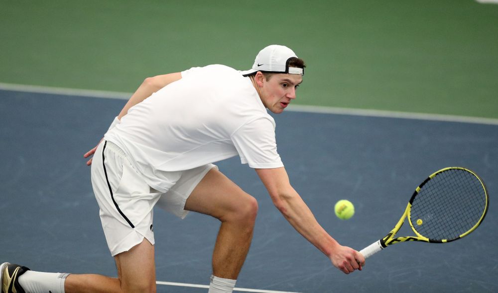 Iowa’s Joe Tyler against Cornell Sunday, March 8, 2020 at the Hawkeye Tennis and Recreation Center. (Brian Ray/hawkeyesports.com)