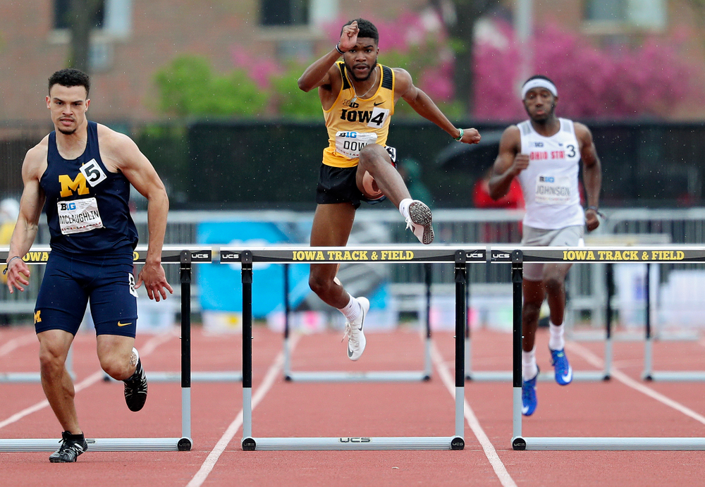 Iowa's Raymonte Dow runs the men’s 400 meter hurdles event on the third day of the Big Ten Outdoor Track and Field Championships at Francis X. Cretzmeyer Track in Iowa City on Sunday, May. 12, 2019. (Stephen Mally/hawkeyesports.com)