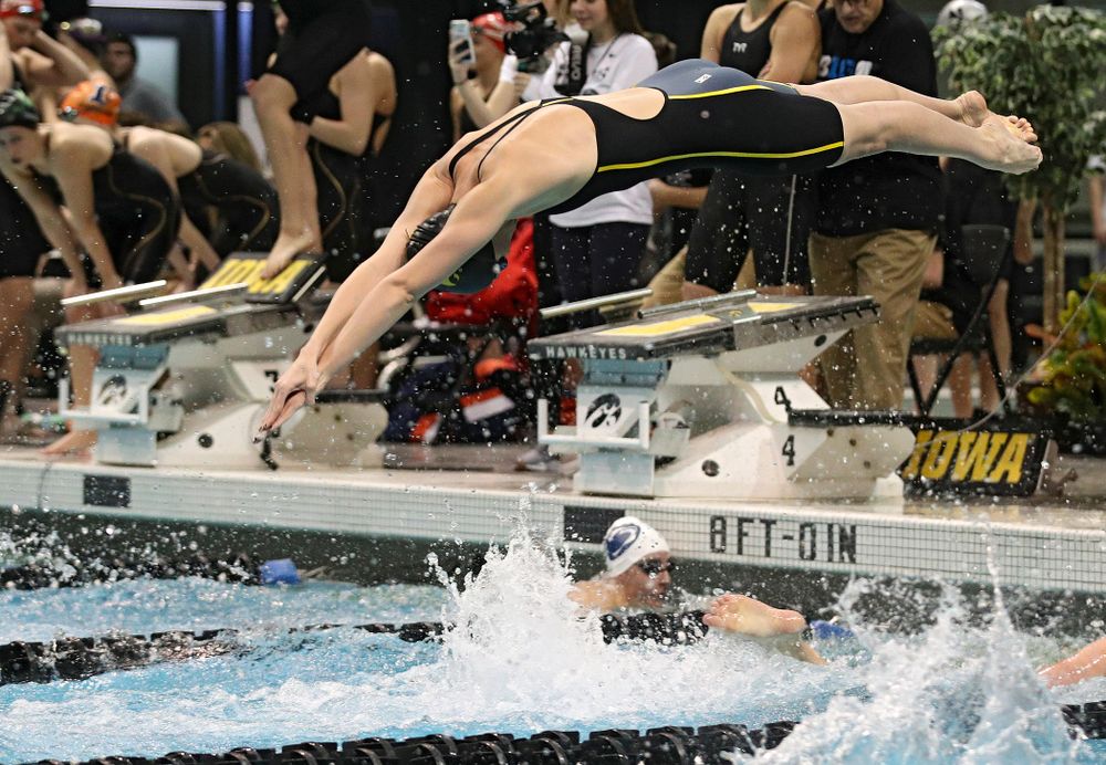 Iowa’s Allyssa Fluit swims in the women’s 200 yard freestyle relay event during the 2020 Women’s Big Ten Swimming and Diving Championships at the Campus Recreation and Wellness Center in Iowa City on Friday, February 21, 2020. (Stephen Mally/hawkeyesports.com)