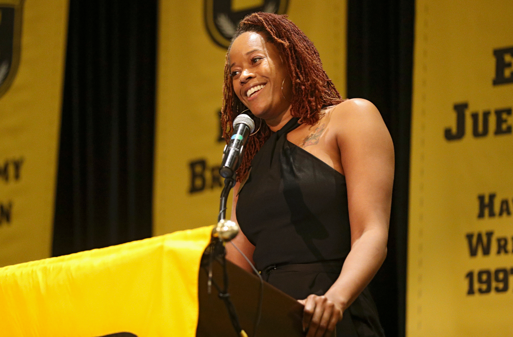 2019 University of Iowa Athletics Hall of Fame inductee Tangela Smith speaks during the Hall of Fame Induction Ceremony at the Coralville Marriott Hotel and Conference Center in Coralville on Friday, Aug 30, 2019. (Stephen Mally/hawkeyesports.com)