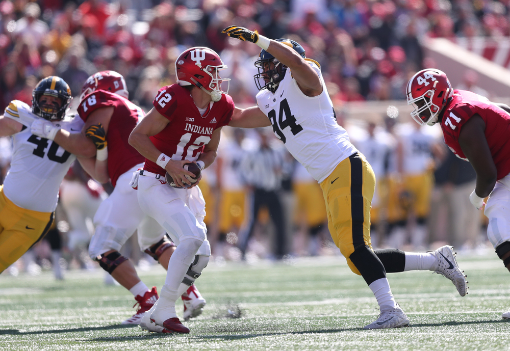 Iowa Hawkeyes defensive end A.J. Epenesa (94) against the Indiana Hoosiers Saturday, October 13, 2018 at Memorial Stadium, in Bloomington, Ind. (Max Allen/hawkeyesports.com)