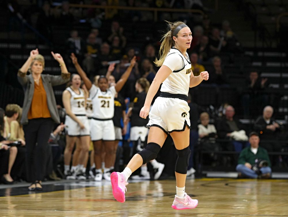 Iowa Hawkeyes guard Makenzie Meyer (3) runs down the court after making a 3-pointer during the second quarter of the game at Carver-Hawkeye Arena in Iowa City on Thursday, February 6, 2020. (Stephen Mally/hawkeyesports.com)