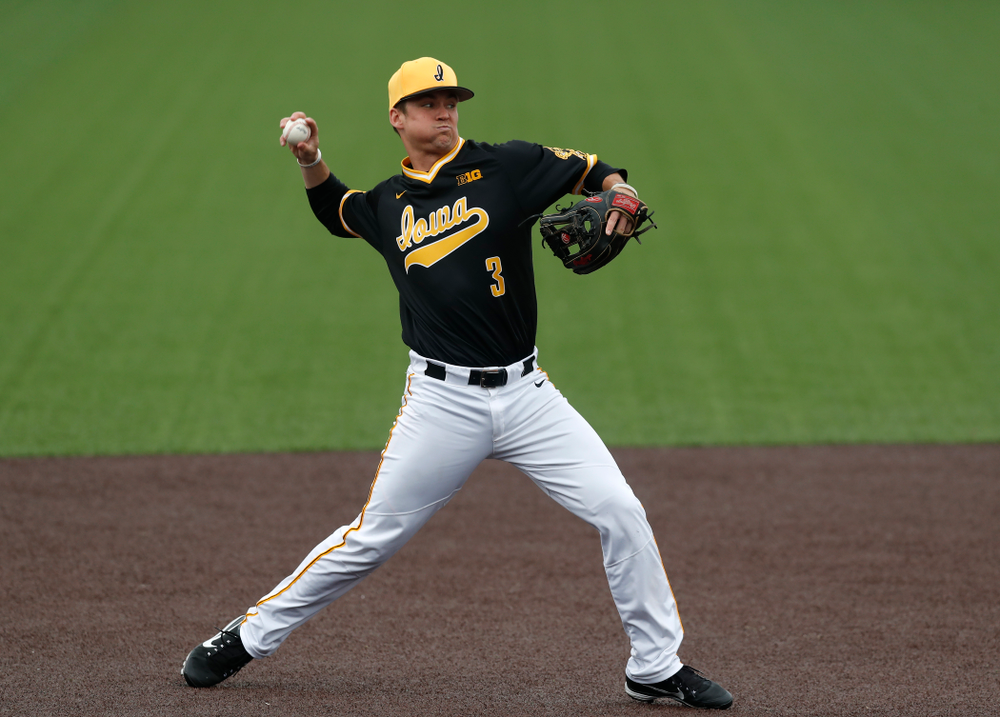 Iowa Hawkeyes infielder Matt Hoeg (3) against the Bradley Braves Wednesday, March 28, 2018 at Duane Banks Field. (Brian Ray/hawkeyesports.com)