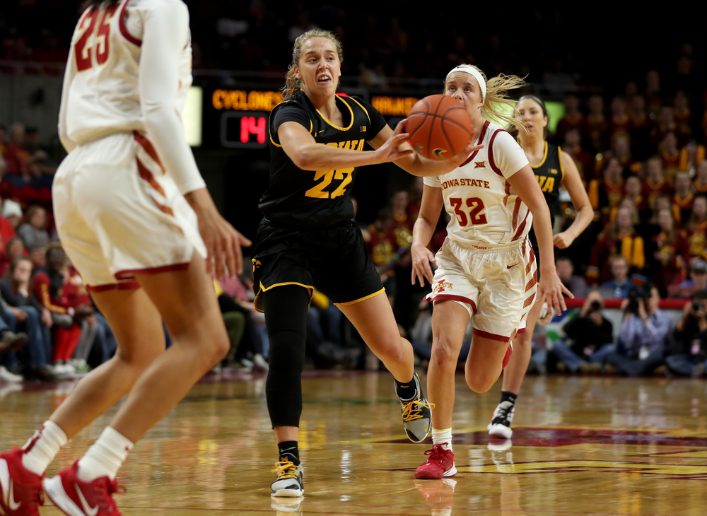 Iowa Hawkeyes guard Kathleen Doyle (22) against the Iowa State Cyclones Wednesday, December 11, 2019 at Hilton Coliseum in Ames, Iowa(Brian Ray/hawkeyesports.com)