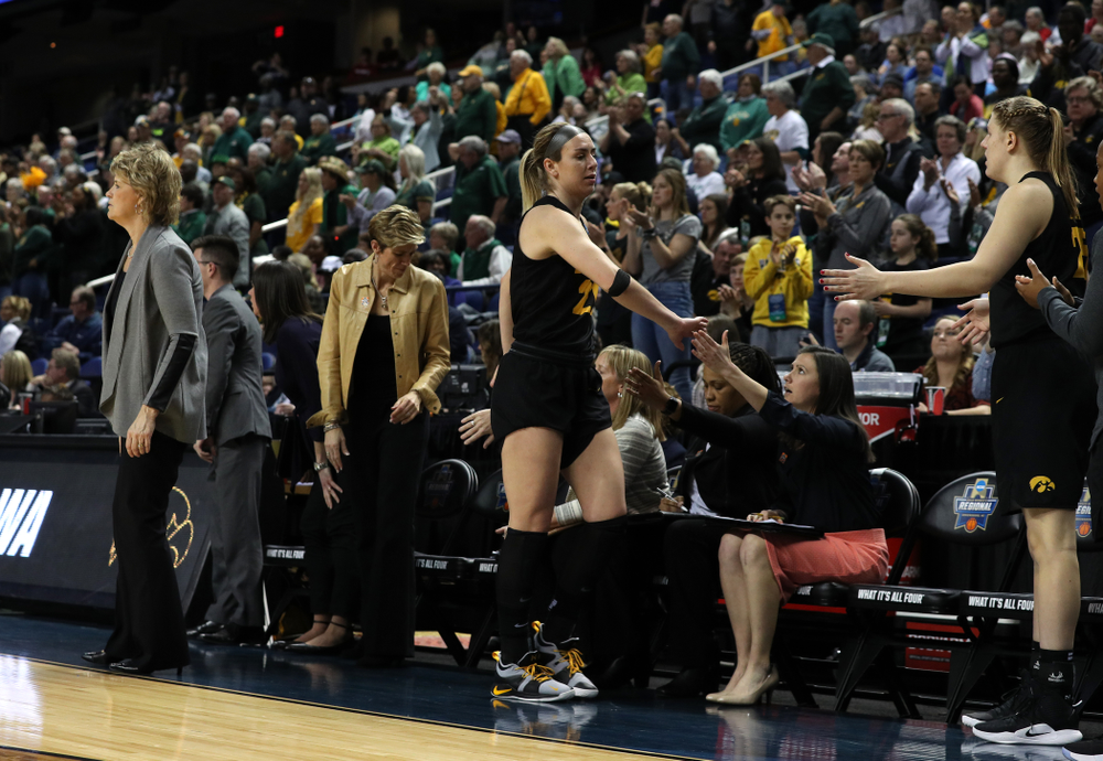 Iowa Hawkeyes forward Hannah Stewart (21) against the Baylor Lady Bears in the regional final of the 2019 NCAA Women's College Basketball Tournament Monday, April 1, 2019 at Greensboro Coliseum in Greensboro, NC.(Brian Ray/hawkeyesports.com)
