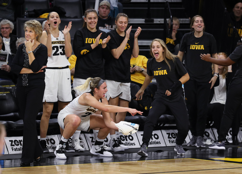 Iowa Hawkeyes forward Hannah Stewart (21) and guard Kathleen Doyle (22) against Dakota Wesleyan University Tuesday, November 6, 2018 at Carver-Hawkeye Arena. (Brian Ray/hawkeyesports.com)