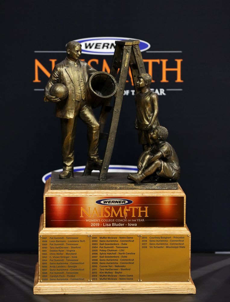 Iowa Hawkeyes head coach Lisa BluderÕs Naismith Trophy during the teamÕs Celebr-Eight event Wednesday, April 24, 2019 at Carver-Hawkeye Arena. (Brian Ray/hawkeyesports.com)