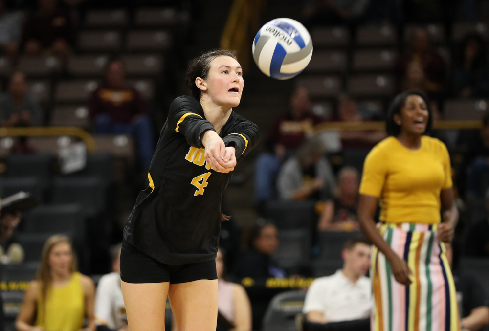 Iowa Hawkeyes defensive specialist Halle Johnston (4) against the Minnesota Golden Gophers Wednesday, October 2, 2019 at Carver-Hawkeye Arena. (Brian Ray/hawkeyesports.com)
