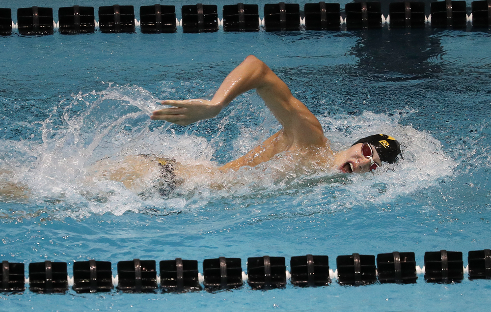 Iowa's Andrew Fierke competes in the 500-yard freestyle during a meet against Michigan and Denver at the Campus Recreation and Wellness Center on November 3, 2018. (Tork Mason/hawkeyesports.com)