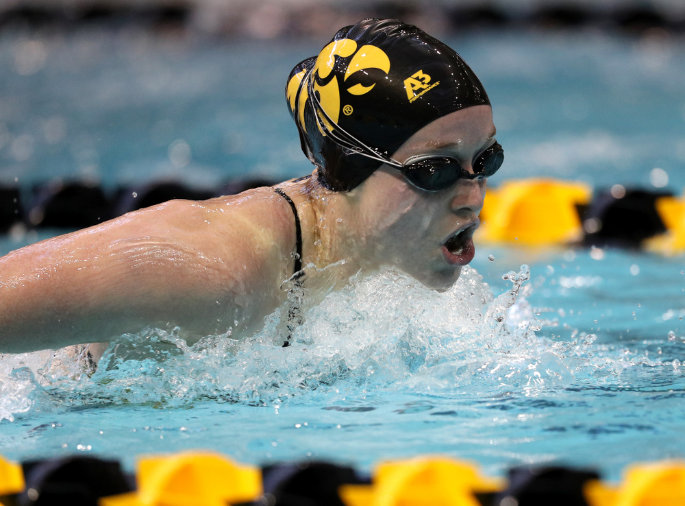 Iowa's Kelsey Drake swims the 200 yard butterfly during a double dual against Wisconsin and Northwestern Saturday, January 19, 2019 at the Campus Recreation and Wellness Center. (Brian Ray/hawkeyesports.com)