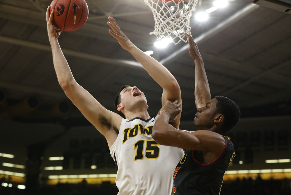 Iowa Hawkeyes forward Ryan Kriener (15) against the Maryland Terapins Tuesday, February 19, 2019 at Carver-Hawkeye Arena. (Brian Ray/hawkeyesports.com)