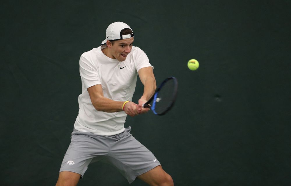 Iowa's Joe Tyler against Western Michigan Saturday, January 19, 2019 at the Hawkeye Tennis and Recreation Complex. (Brian Ray/hawkeyesports.com)