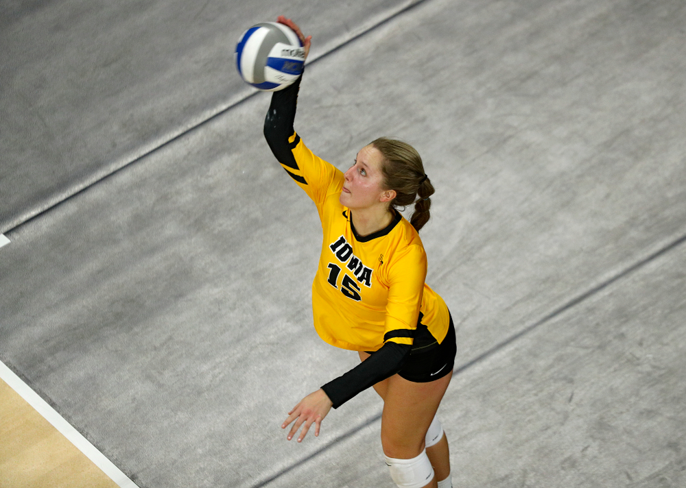 Iowa’s Maddie Slagle (15) serves the ball during the fourth set of their match at Carver-Hawkeye Arena in Iowa City on Friday, Nov 29, 2019. (Stephen Mally/hawkeyesports.com)