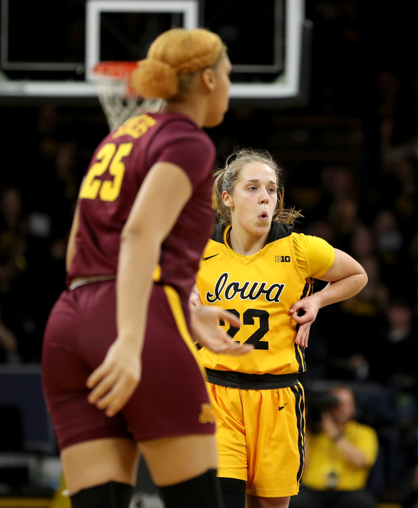 Iowa Hawkeyes guard Kathleen Doyle (22) against the Minnesota Golden Gophers Thursday, February 27, 2020 at Carver-Hawkeye Arena. (Brian Ray/hawkeyesports.com)