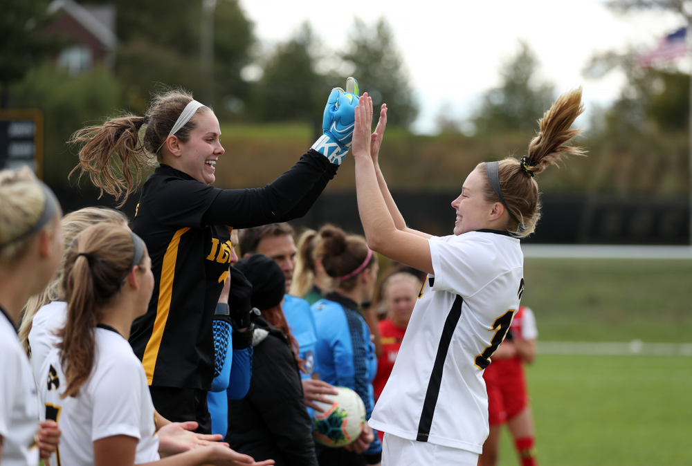 Iowa Hawkeyes goalkeeper Claire Graves (1) and midfielder/defender Natalie Winters (10) against the Maryland Terrapins Sunday, October 13, 2019 on senior day. (Brian Ray/hawkeyesports.com)