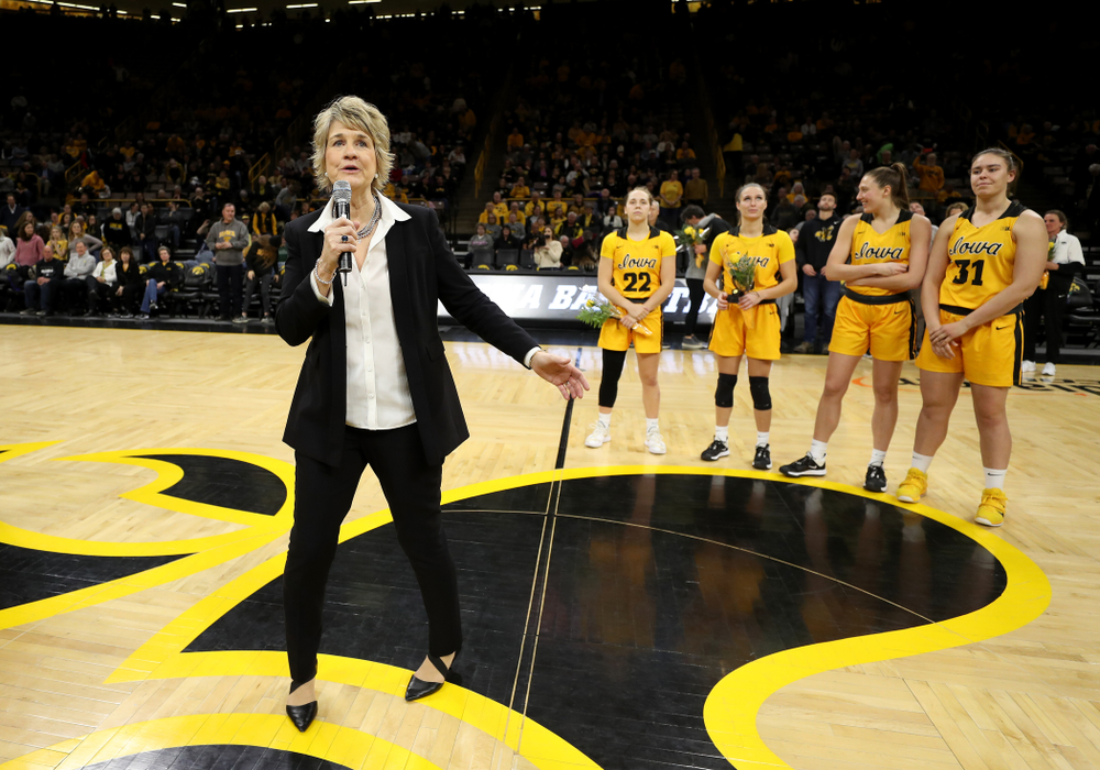 Iowa Hawkeyes head coach Lisa Bluder during senior day activities following their win over the Minnesota Golden Gophers Thursday, February 27, 2020 at Carver-Hawkeye Arena. (Brian Ray/hawkeyesports.com)