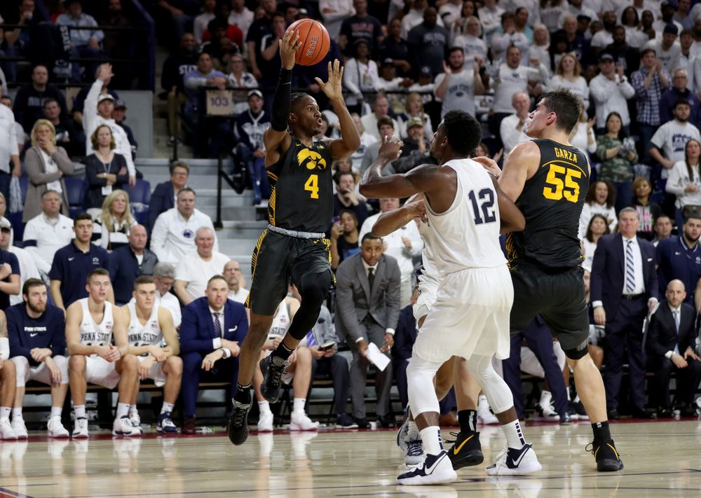 Iowa Hawkeyes guard Bakari Evelyn (4) against Penn State Saturday, January 4, 2020 at the Palestra in Philadelphia. (Brian Ray/hawkeyesports.com)