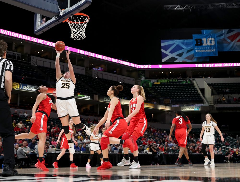 Iowa Hawkeyes forward/center Monika Czinano (25) against Ohio State in the quarterfinals of the Big Ten Basketball Tournament Friday, March 6, 2020 at Bankers Life Fieldhouse in Indianapolis. (Brian Ray/hawkeyesports.com)