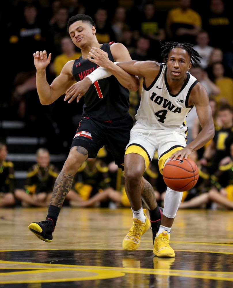 Iowa Hawkeyes guard Bakari Evelyn (4) against the Maryland Terrapins Friday, January 10, 2020 at Carver-Hawkeye Arena. (Brian Ray/hawkeyesports.com)