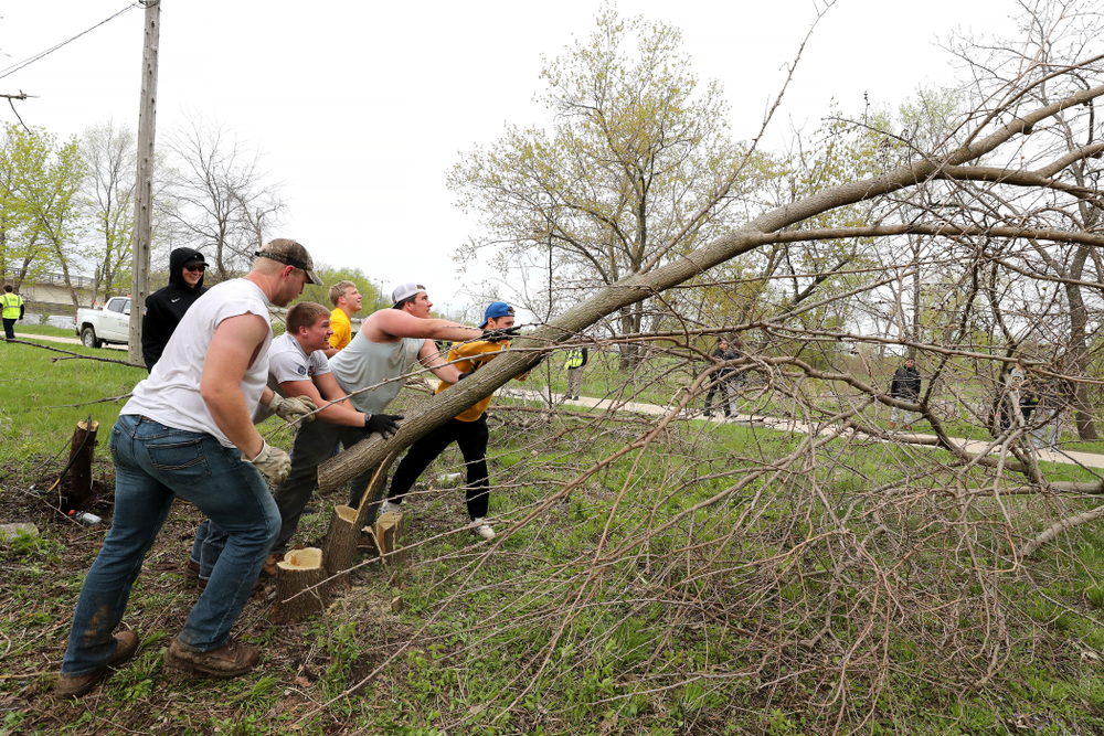 Members of the Hawkeye Football team volunteer with the Iowa City Public Works department along the Iowa River during the annual Iowa Athletics Day of Caring Sunday, April 28, 2019 in Iowa City. (Brian Ray/hawkeyesports.com)