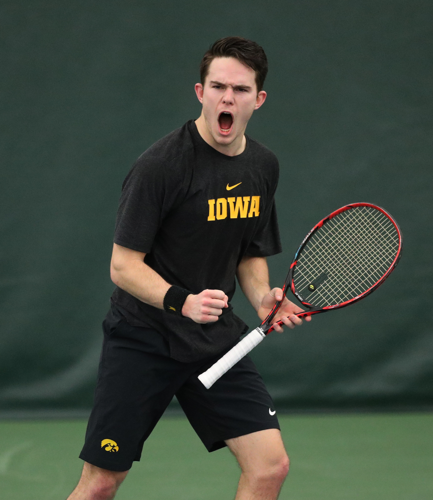 Jonas Larsen against the Miami Hurricanes Friday, February 8, 2019 at the Hawkeye Tennis and Recreation Complex. (Brian Ray/hawkeyesports.com)