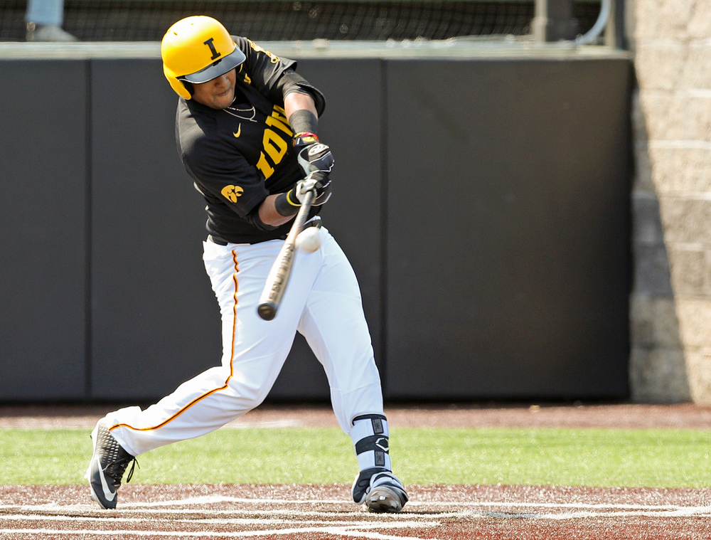 Iowa Hawkeyes designated hitter Izaya Fullard (20) bats during the first inning of their game against Rutgers at Duane Banks Field in Iowa City on Saturday, Apr. 6, 2019. (Stephen Mally/hawkeyesports.com)