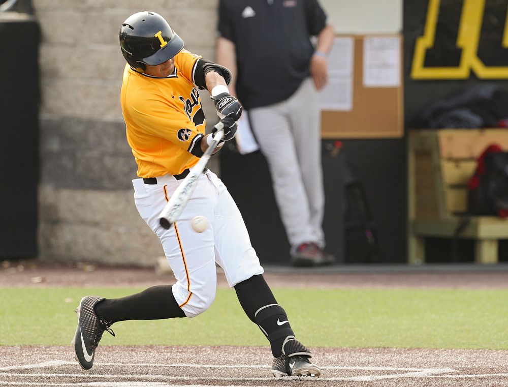 Iowa Hawkeyes infielder Matthew Sosa (31) bats during the second inning of their game against Northern Illinois at Duane Banks Field in Iowa City on Tuesday, Apr. 16, 2019. (Stephen Mally/hawkeyesports.com)