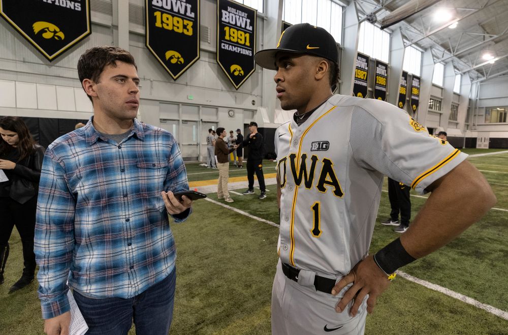 Iowa Hawkeyes infielder Lorenzo Elion (1) answers questions from reporters during the team's annual media day Tuesday, February 5, 2019 in the Indoor Practice Facility. (Brian Ray/hawkeyesports.com)