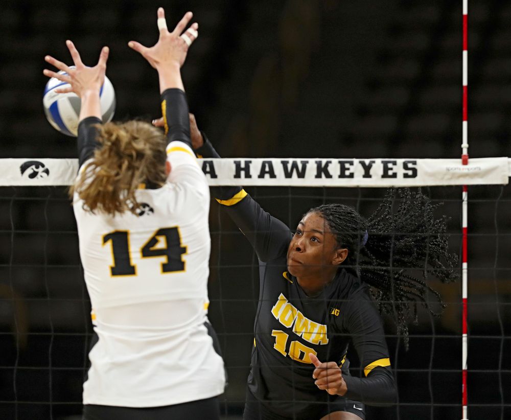 Iowa’s Griere Hughes (10) during the third set of the Black and Gold scrimmage at Carver-Hawkeye Arena in Iowa City on Saturday, Aug 24, 2019. (Stephen Mally/hawkeyesports.com)