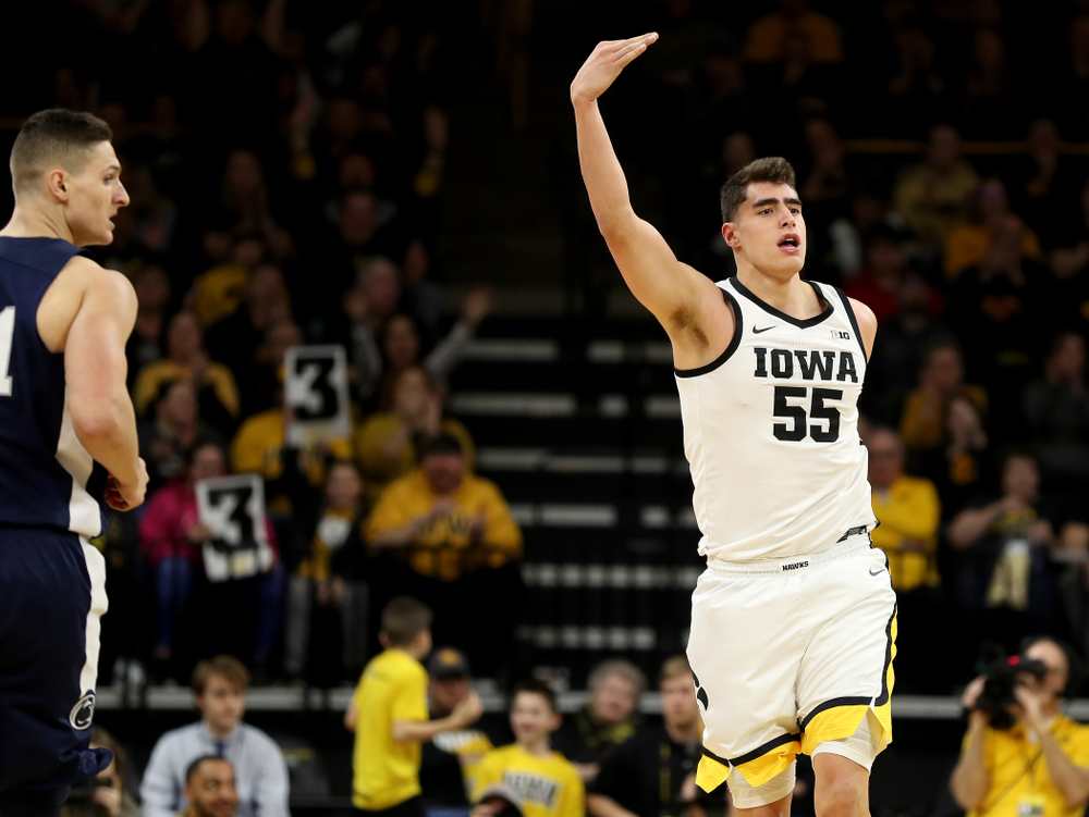 Iowa Hawkeyes forward Luka Garza (55) against Penn State Saturday, February 29, 2020 at Carver-Hawkeye Arena. (Brian Ray/hawkeyesports.com)