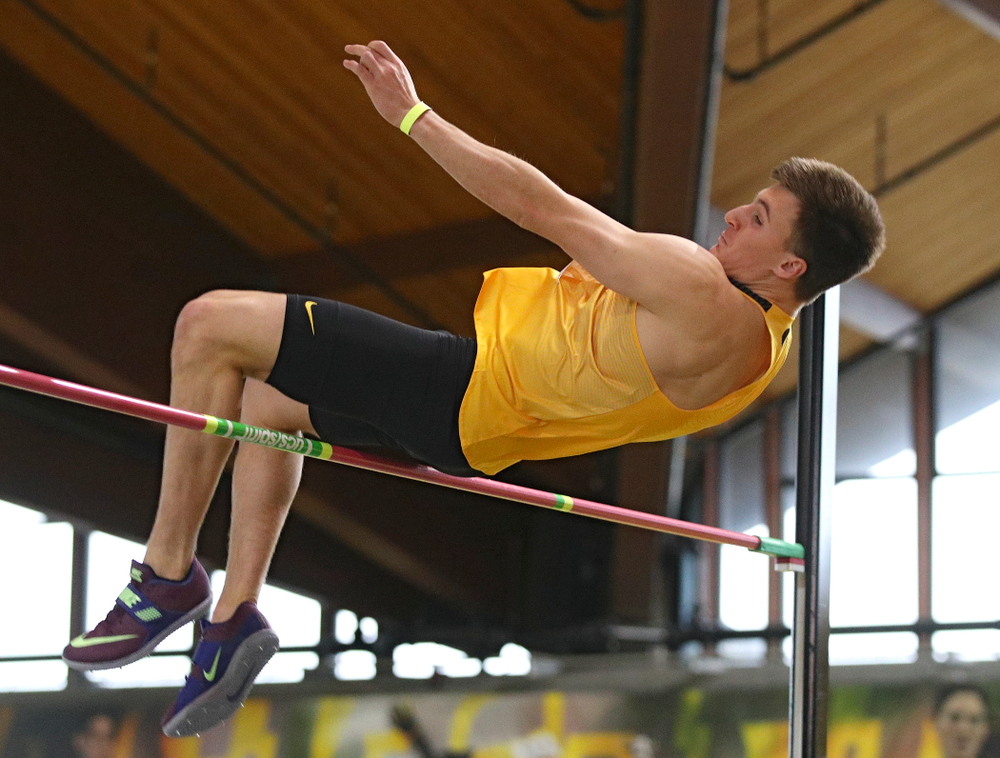 Iowa’s Austin West competes in the men’s high jump event during the Jimmy Grant Invitational at the Recreation Building in Iowa City on Saturday, December 14, 2019. (Stephen Mally/hawkeyesports.com)