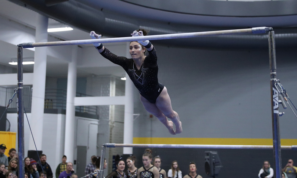 Jax Kranitz competes on the bars during the Black and Gold intrasquad meet Saturday, December 1, 2018 at the University of Iowa Field House. (Brian Ray/hawkeyesports.com)