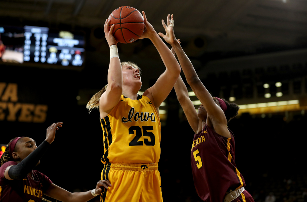 Iowa Hawkeyes forward/center Monika Czinano (25) against the Minnesota Golden Gophers Thursday, February 27, 2020 at Carver-Hawkeye Arena. (Brian Ray/hawkeyesports.com)