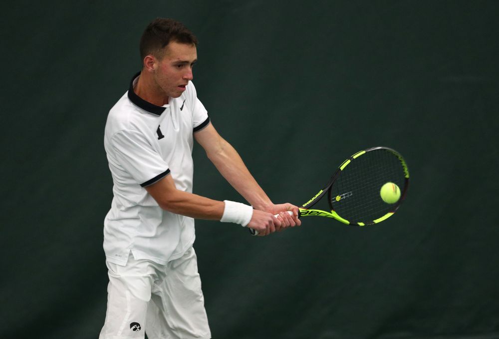Iowa's Kareem Allaf against North Dakota Friday, January 25, 2019 at the Hawkeye Tennis and Recreation Complex. (Brian Ray/hawkeyesports.com)