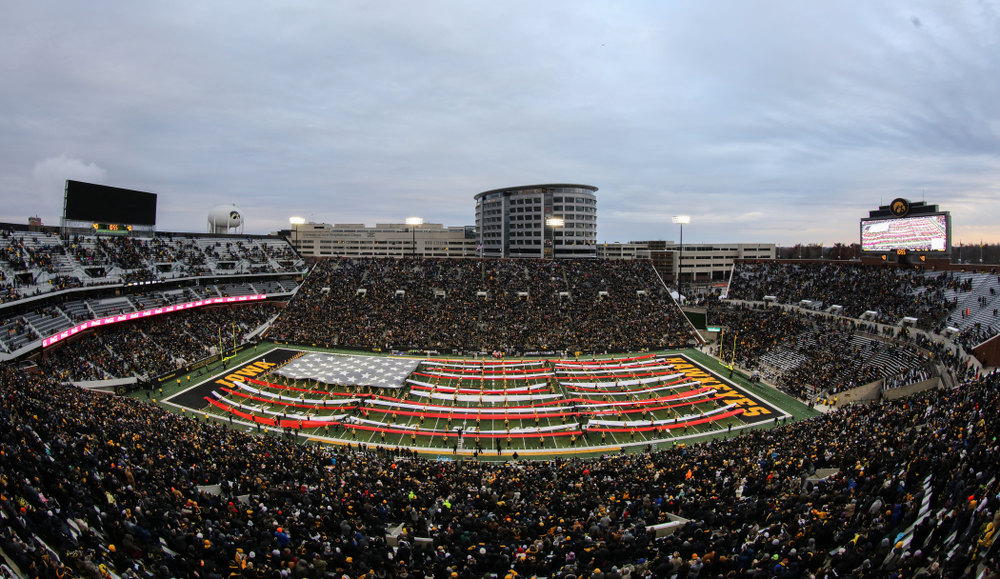 The Hawkeye Marching Band creates a giant flag on the field during halftime of the Iowa Hawkeyes game against the Northwestern Wildcats Saturday, November 10, 2018 at Kinnick Stadium. (Brian Ray/hawkeyesports.com)