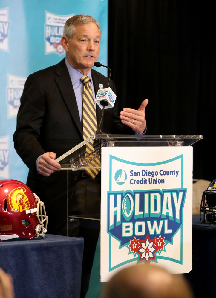 Iowa Hawkeyes head coach Kirk Ferentz answers questions during a press conference leading up to the Holiday Bowl Thursday, December 26, 2019 in San Diego. (Brian Ray/hawkeyesports.com)