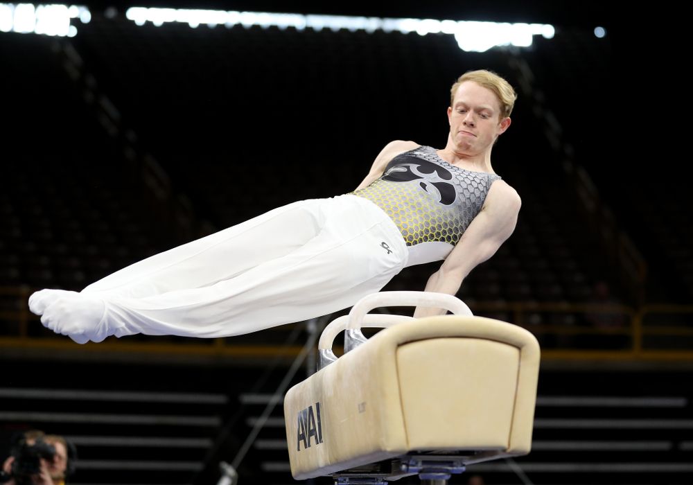 Iowa’s Nick Merryman competes on the pommel horse against Illinois Sunday, March 1, 2020 at Carver-Hawkeye Arena. (Brian Ray/hawkeyesports.com)