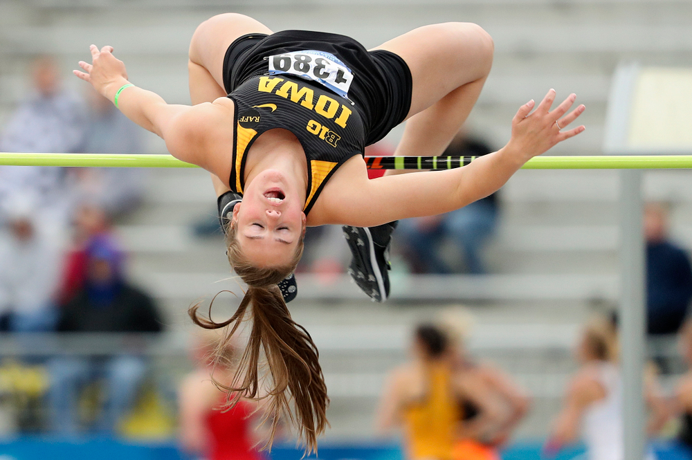 Iowa's Kelli DeGeorge jumps in the women's high jump event during the third day of the Drake Relays at Drake Stadium in Des Moines on Saturday, Apr. 27, 2019. (Stephen Mally/hawkeyesports.com)