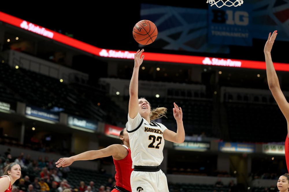 Iowa Hawkeyes guard Kathleen Doyle (22) against Ohio State in the quarterfinals of the Big Ten Basketball Tournament Friday, March 6, 2020 at Bankers Life Fieldhouse in Indianapolis. (Brian Ray/hawkeyesports.com)